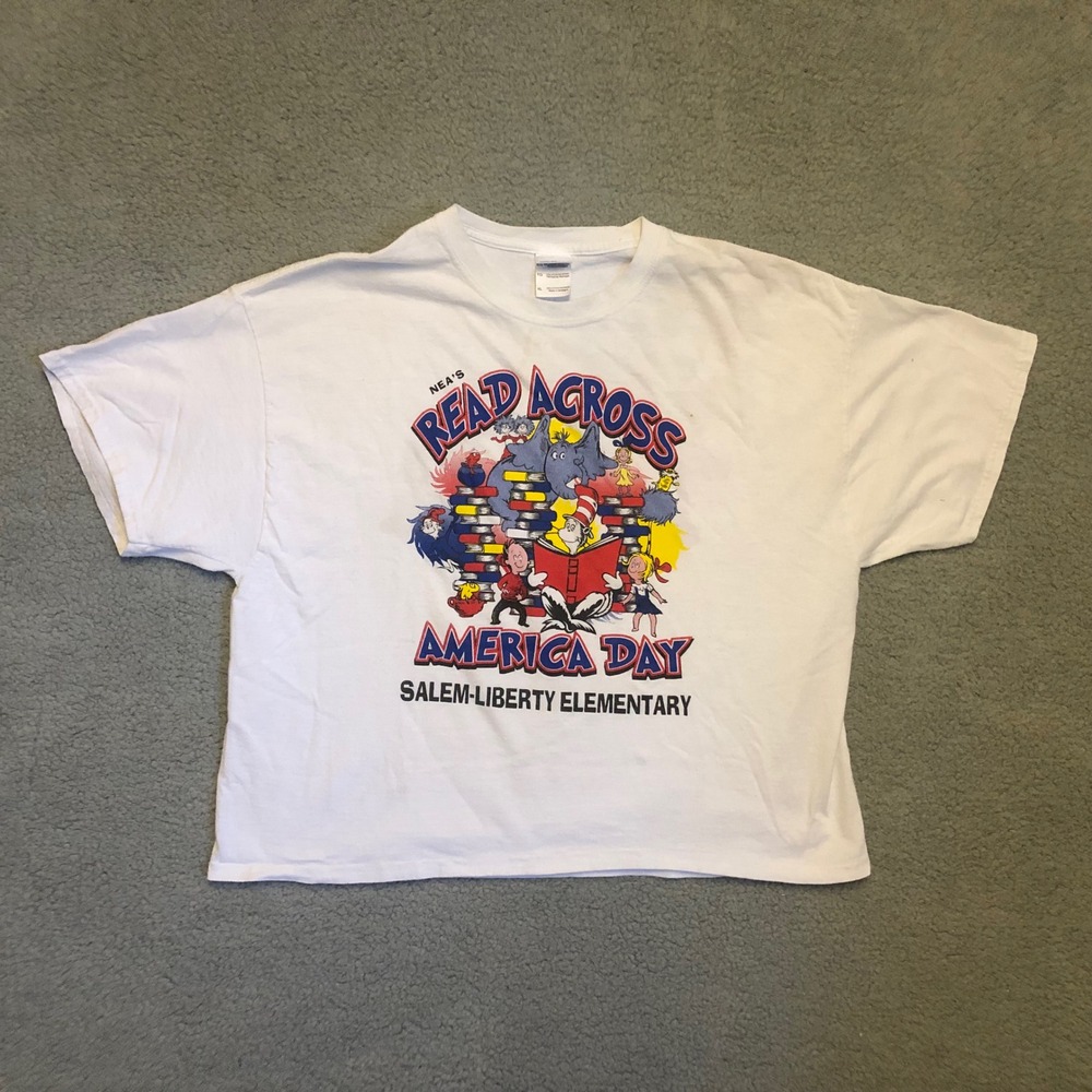 VTG Read Across America Day Dr Seuss T-Shirt White XL Crop Boxy Elementary